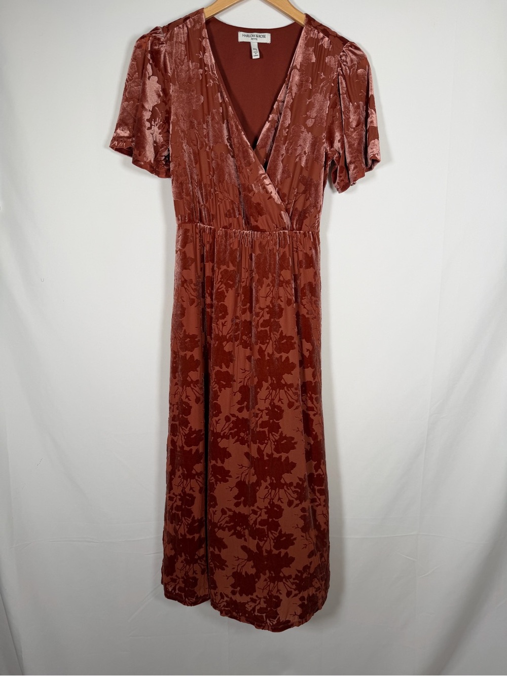 Harlow & Rose Burnt Orange Floral Velvet‎ Burnout Maxi Dress Whimsigoth Y2K